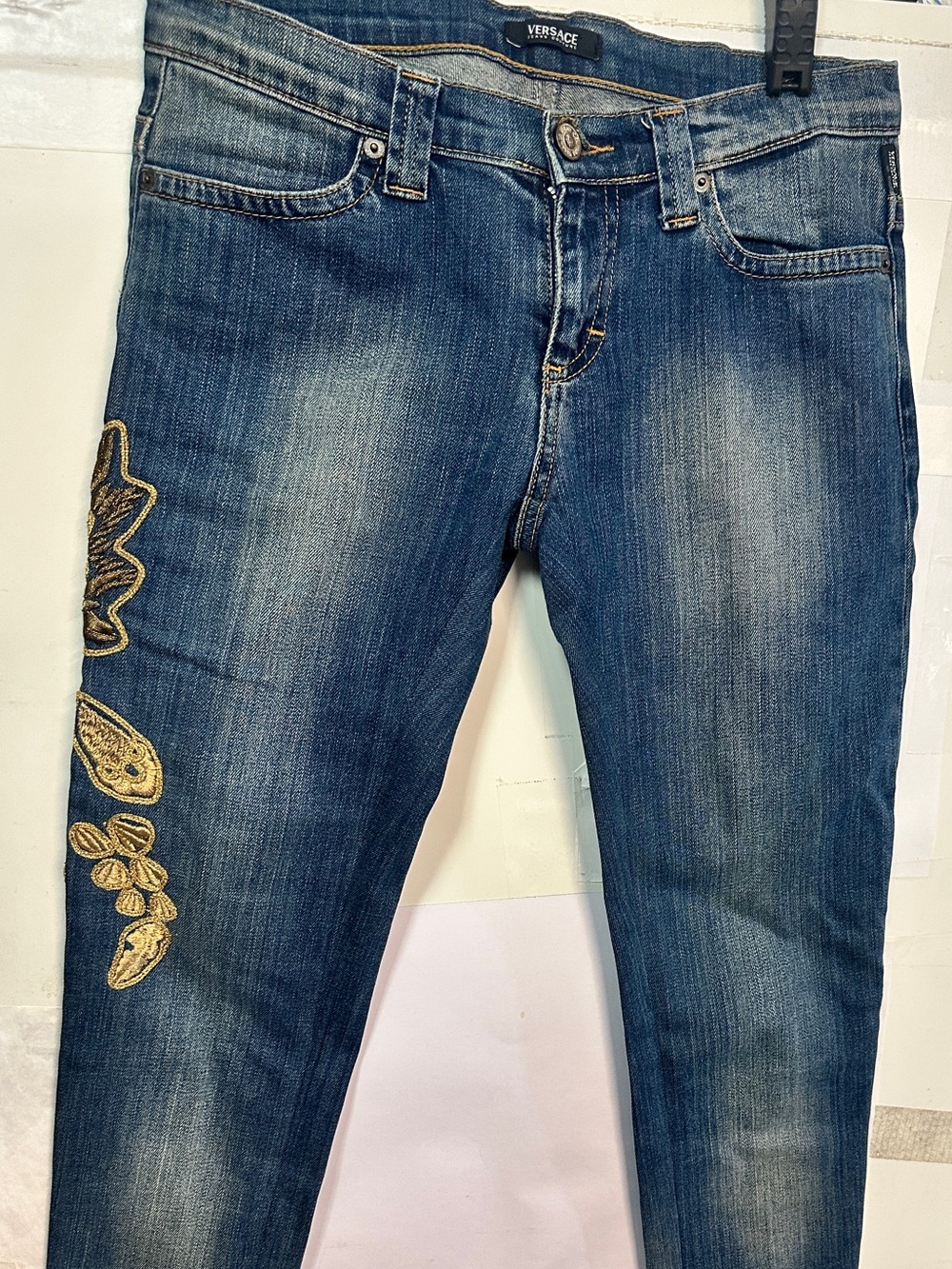 Women Versace Blue Slim Jeans with Gold Embroidered Side Detail size 28